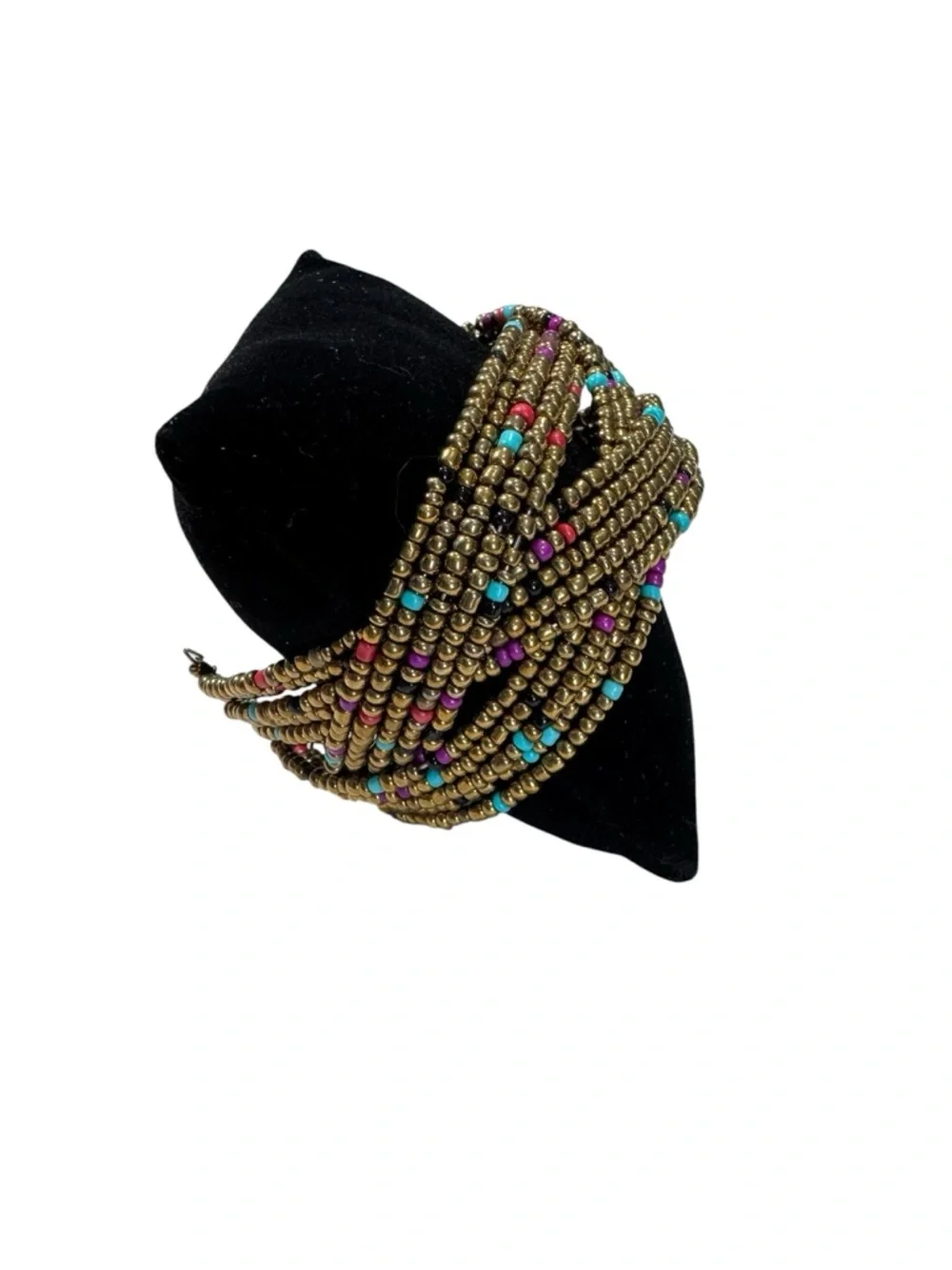 Multi-Strand Gold Beaded Turquoise & Fuchsia Accents Cuff Bracelet 1.5" Wide - Picture 4 of 5